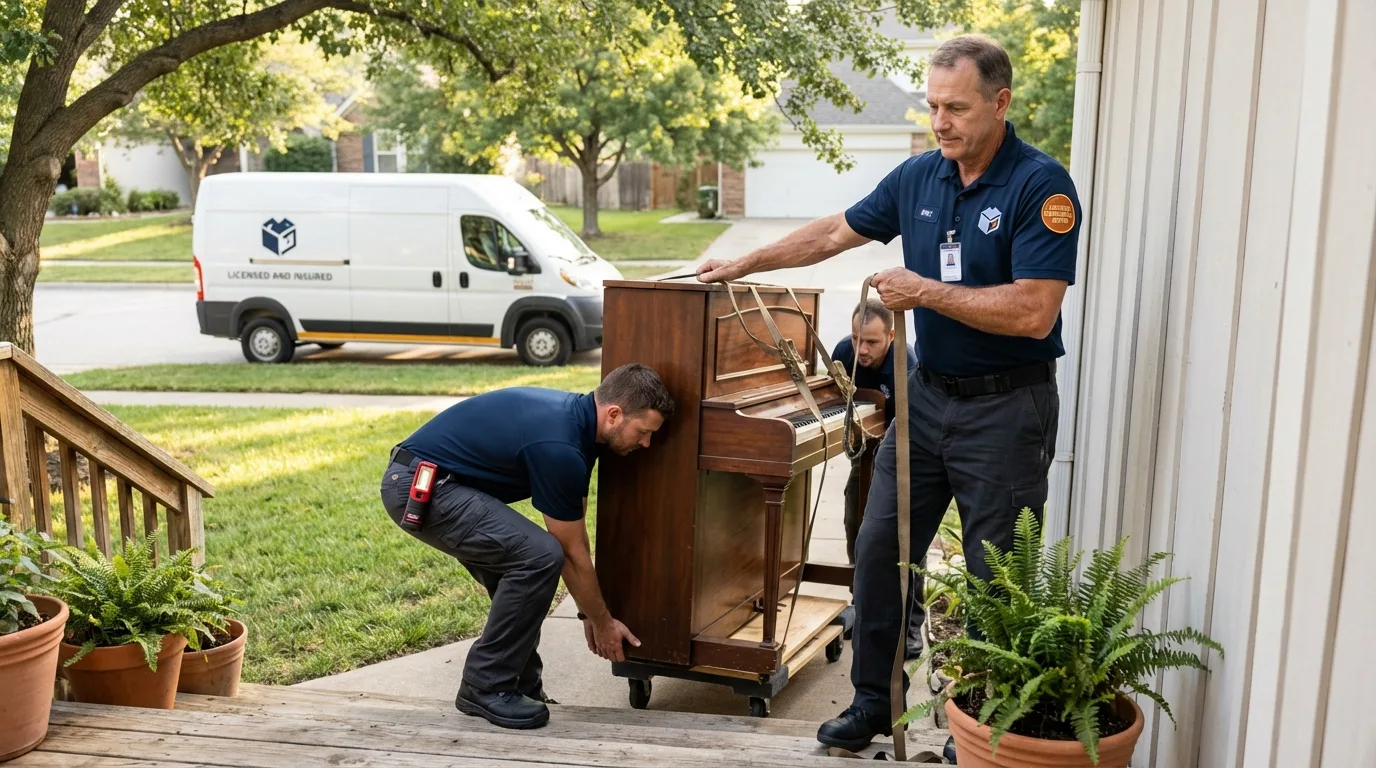 Licensed piano movers securing grand piano in Chillicothe, MO