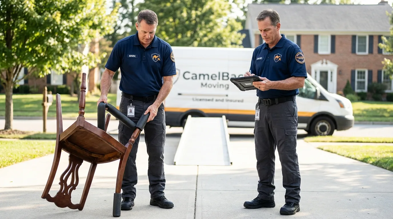 Movers inspecting furniture for damage prevention before loading in Chillicothe, MO